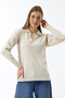 Women's Polo Neck Long Sleeve Knitwear Blouse Beige