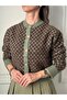 Women's Khaki Brown Crew Neck Gold Button Detail Patterned Knit Cardigan