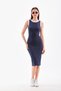 Navy Blue and White Piping Body-Fitting Sleeveless Below the Knee Ribbed Flexible Thick Strap Camisole Dress