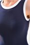 Navy Blue and White Piping Body-Fitting Sleeveless Below the Knee Ribbed Flexible Thick Strap Camisole Dress - 8