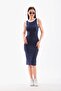 Navy Blue and White Piping Body-Fitting Sleeveless Below the Knee Ribbed Flexible Thick Strap Camisole Dress - 2