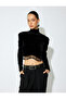 Long Sleeve Stand Collar Dangle Stone Detailed Crop Velvet Blouse - 3