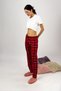 Women's Elastic Waist 100% Cotton Ribbon Patterned Pajama Bottoms Burgundy - 4