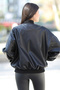 Women's Leather Coat Black Zippered Double Pocket Ribbed Oversize Design - 5010 - 6