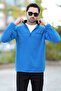Men's Stand Collar Fleece Cobalt Blue Half Zipper Embroidery Detailed Regularfit - 6001 - 8
