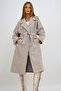 Women's Beige Double Breasted Waist Belted Herringbone Patterned Cashmere Coat Vgn-X10824 - 2