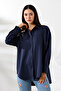 Oversize Micro Satin Draped Navy Blue Women's Shirt - 4