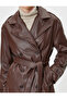 Double Breasted Long Faux Leather Trench Coat with Pockets - 5