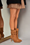 R404020302 Tan Suede Thin Heeled Drawstring Women's Boots