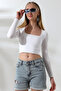 Square Neck Combed Cotton Compact Stretchy Fabric Long Sleeve Blouse 21650 White - 3
