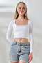 Square Neck Combed Cotton Compact Stretchy Fabric Long Sleeve Blouse 21650 White - 2