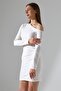 White One Shoulder Open Detail Imported Crepe Fabric Long Sleeve Dress - 4