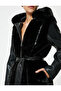 Zippered Pocket Belt Detailed Hooded Faux Leather Plush Coat - 5
