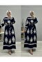 Women's Navy Blue White Patterned Viscose Hijab Dress