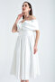 Women's White Slim Fit Boat Neck Flared Midi Satin Evening Dress - 3