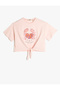 T-Shirt with Front Tie Detail, Short Sleeves, Cotton, Crab Embroidery Detail