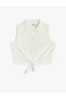 Crop Shirt with Front Tie Detail, Sleeveless, Embroidered Collar