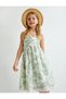 Cotton Long Dress with Straps - Floral Pattern and Gather Detail