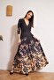 Women's Black Double Breasted Brown Floral Patterned Evening Dress Dm1013 - 3