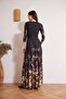 Women's Black Double Breasted Brown Floral Patterned Evening Dress Dm1013 - 6