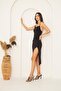 Women's Black Degaje Collar Slit Dress Dm1040 - 7