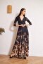 Women's Black Double Breasted Brown Floral Patterned Evening Dress Dm1013 - 7