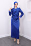 Navy Blue Cobalt Evening Dress with Feathered Sleeves and Side Details - 2