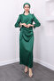 Emerald Green Satin Evening Dress with Feathered Sleeves and Side Details