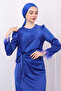Navy Blue Cobalt Evening Dress with Feathered Sleeves and Side Details - 4