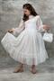 Girl's White Dress with Transparent Tulle and Ruffle Detail on the Sleeves and Collar