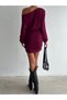 Asymmetrical Boat Neck Long Balloon Sleeve Top Loose Bottom Side Narrow Side Gathered Modal Fabric Mini Dress - 6