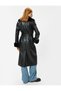 Faux Leather Long Trench Coat with Pockets, Belted Collar and Faux Fur Detail - 4