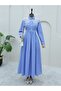 Organza Shirt Collar Striped Belted Dress -Blue - 3