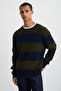 Narvık Men's Recyle Soft Crew Neck Hair Knit Patterned Knitwear Navy Blue-Green Sweater - 5