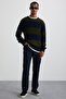 Narvık Men's Recyle Soft Crew Neck Hair Knit Patterned Knitwear Navy Blue-Green Sweater