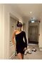Women's Black Velvet Front Rubbed Mini Dress