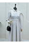 Organza Shirt Collar Striped Belted Dress -Beige