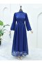 Shimmering Fabric Balloon Sleeve Dress with Gathered Shoulders - Navy - 3
