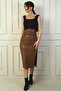 Women's Side Slit Front Gathered Midi Leather Skirt - 3