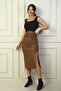 Women's Side Slit Front Gathered Midi Leather Skirt