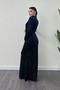 Velvet Fabric Glitter Printed Evening Dress - NAVY BLUE - 5