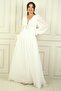 Women's V-Neck Waist Buckle Lined Chiffon Long Evening Dress Slim Fit - 3