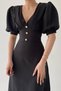Women's Black V-Neck Balloon Sleeve Button Detailed Midi Dress - 3