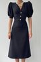 Women's Black V-Neck Balloon Sleeve Button Detailed Midi Dress - 4