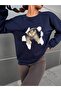 Women's Long Sleeve Crew Neck Cat Print Viscose Two Thread Blouse