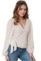 Women's Ecru Wrap Collar Belted Trend Casual Knitted Blouse - 4