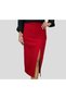 Tweed Fabric Red Front Slit Midi Length Lined Skirt - 5