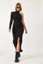 Women's Black Turtleneck Single Sleeve Ottoman Fabric Slit Dress 371 60261058 - 5