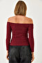 Women's Burgundy Gathered Collar Crop Knitted Blouse 60261062 - 5