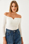 Women's White Gathered Collar Crop Knitted Blouse 60261062 - 6
